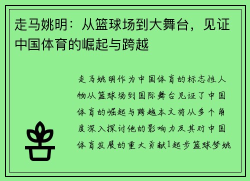 走马姚明：从篮球场到大舞台，见证中国体育的崛起与跨越